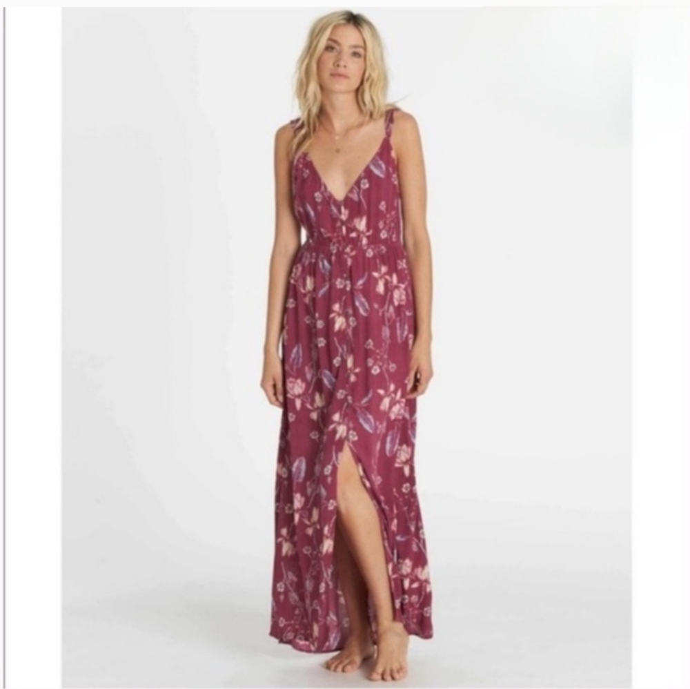 Billabong Floral Maxi Dress Plum V Neck Sleeveless‎ Split Slit XS